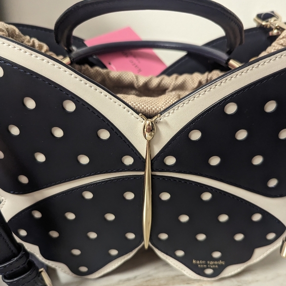 ♠️ Kate Spade Blue & White Wing it Polka Dot Wicker Butterfly Bag - Picture 3 of 12